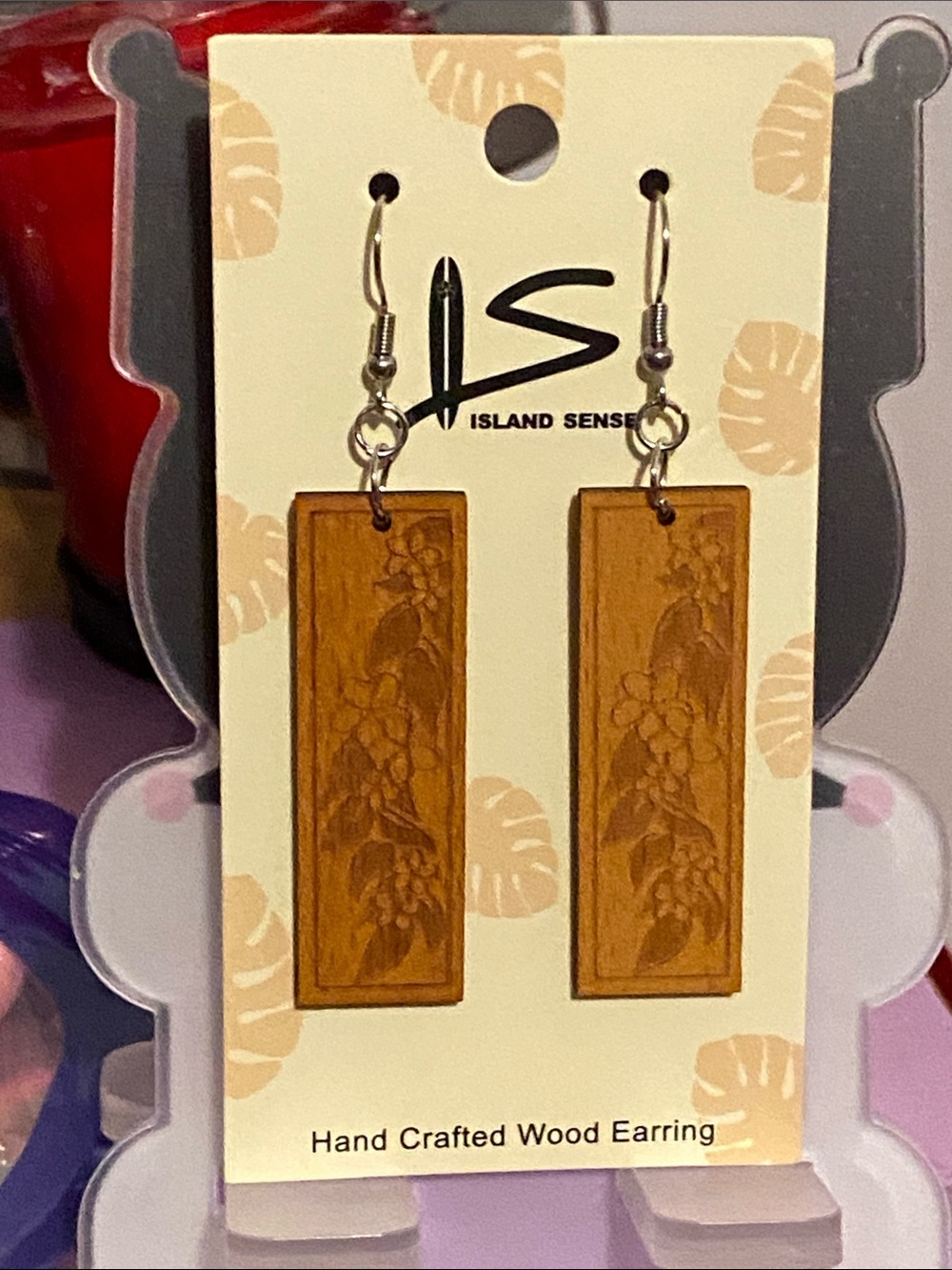 NWT Island Sense Handcrafted Wooden Floral Rectangle Dangle Earrings 🤎🖤
